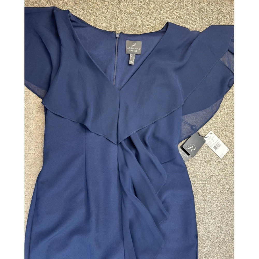 Adrianna Papell Dress 10 Navy Blue Crepe Chiffon Gown Ruffle V-Neck Maxi - Picture 3 of 15